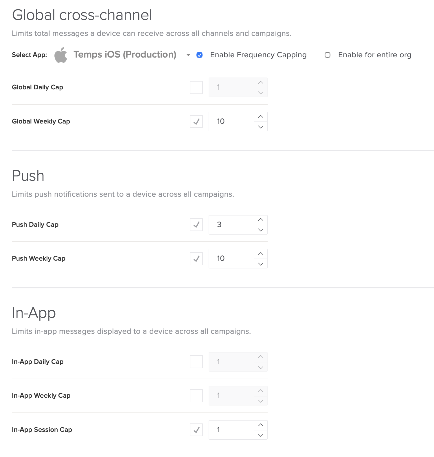 Frequency Caps settings: the global cross-channel cap plus per-channel caps for push and in-app, each with its own enable checkbox and message count